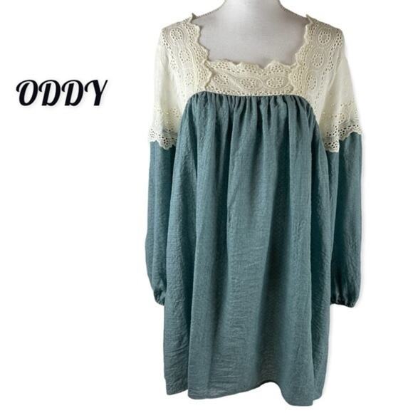 ODDY Teal & Cream Babydoll Boho Eyelet Lace Prairie Dress NWT Size S - Picture 2 of 12